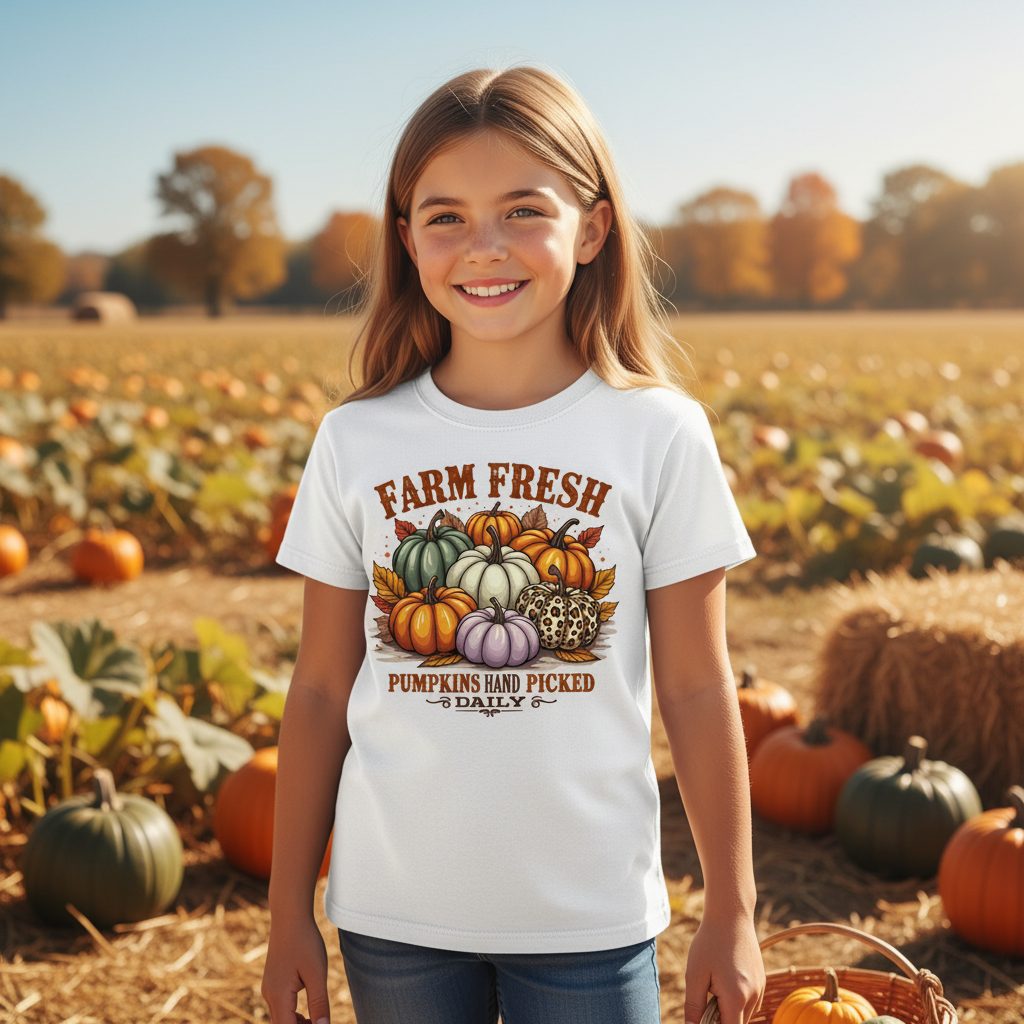 Farm Fresh Pumpkins Hand Picked Daily autumn pumpkins Youth T-Shirt White lifestyle mockup