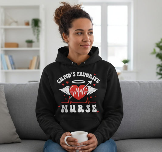 Cupid's Favorite Nurse nursing Hoodie Black lifestyle mockup
