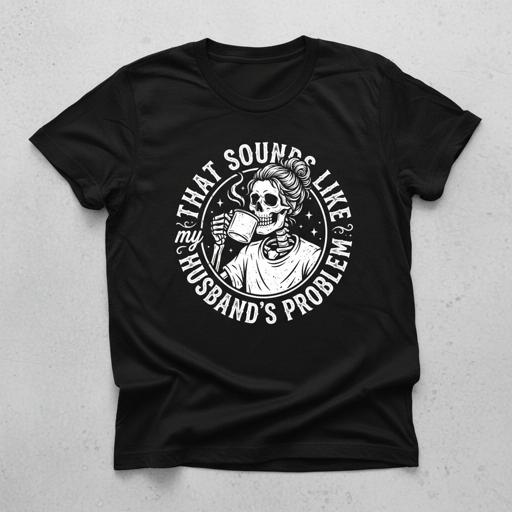 Skeleton Wife Drinking Coffee 'Husband's Problem' Design T-Shirt - Black
