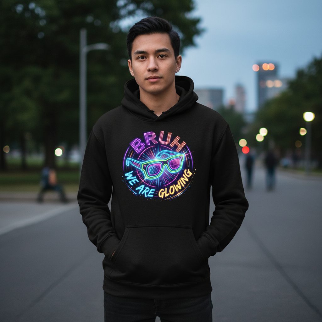BRUH WE ARE GLOWING Neon Party Hoodie Black lifestyle mockup