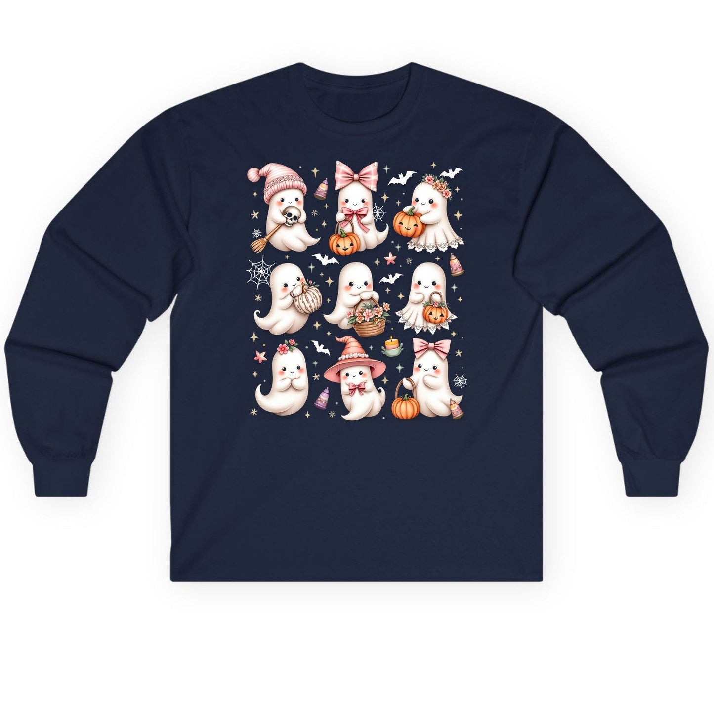 Cute Pink Halloween Ghosts cute Halloween ghosts Long Sleeve Tee Navy product mockup