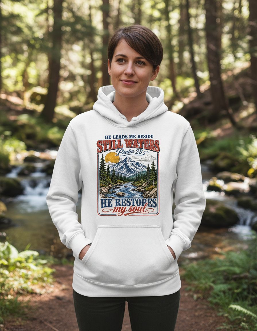 He Leads Me Beside Still Waters Psalm 23 He Restores My Soul Hoodie - lifestyle model mockup - White