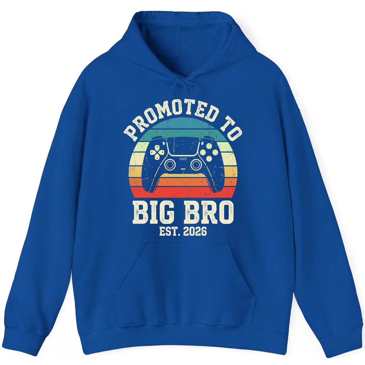 Promoted TO BIG BRO EST 2026 Retro Gaming Hoodie - product mockup - Royal