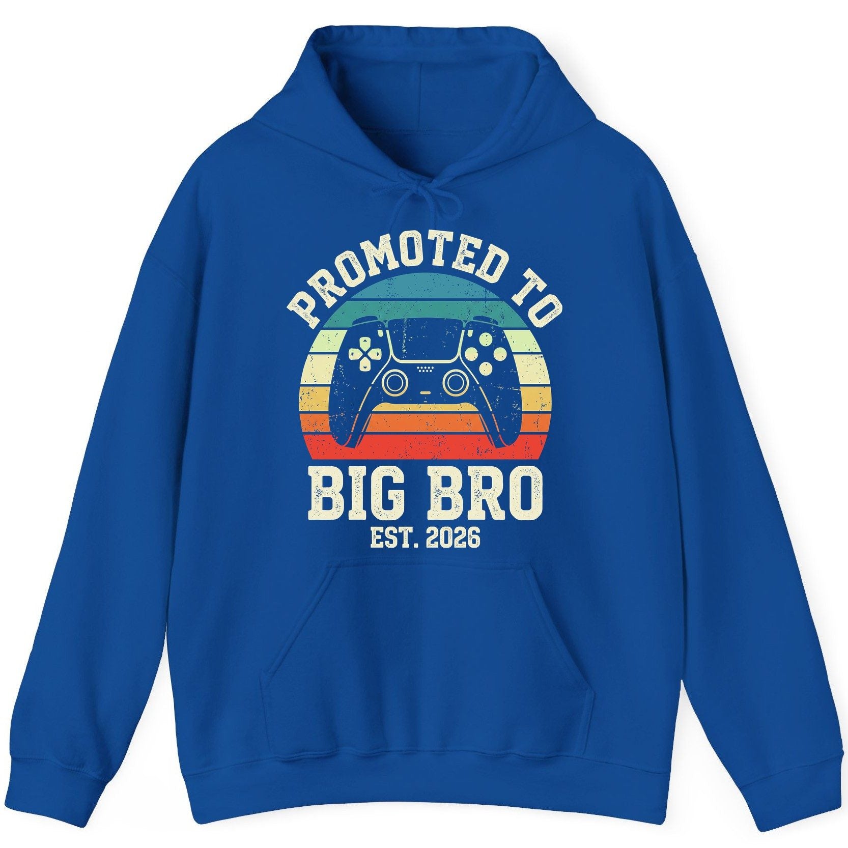 Promoted TO BIG BRO EST 2026 Retro Gaming Hoodie - product mockup - Royal