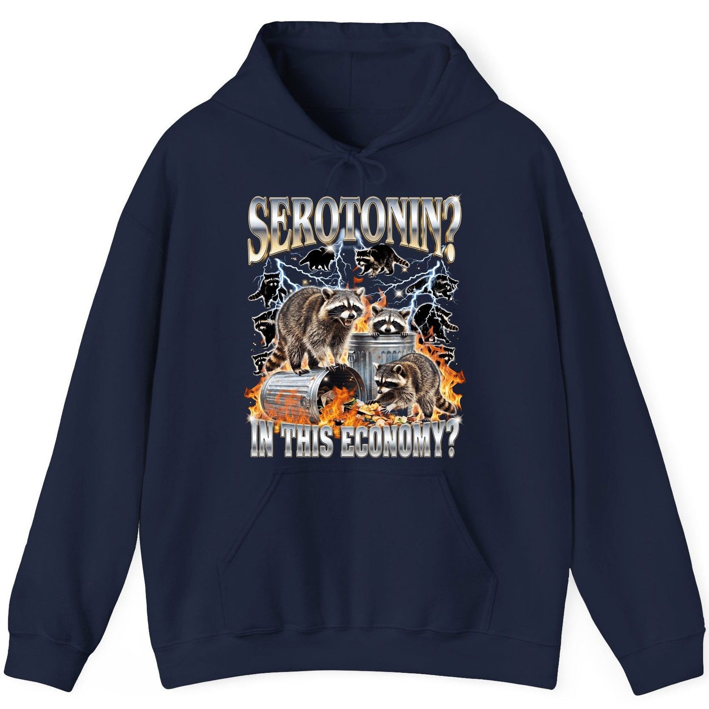 Serotonin in This Economy? raccoons Hoodie Navy product mockup