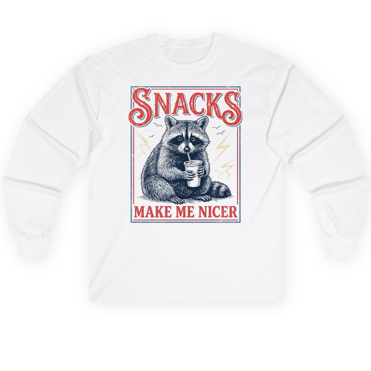 SNACKS MAKE ME NICER Funny Raccoon Long Sleeve Tee - product mockup - White