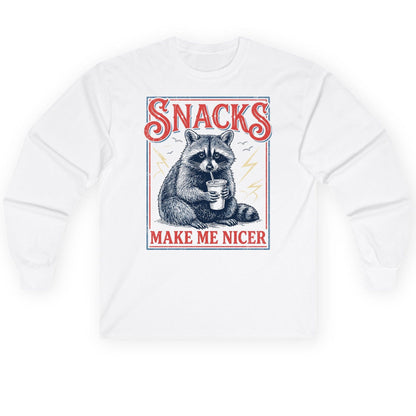 SNACKS MAKE ME NICER Funny Raccoon Long Sleeve Tee - product mockup - White