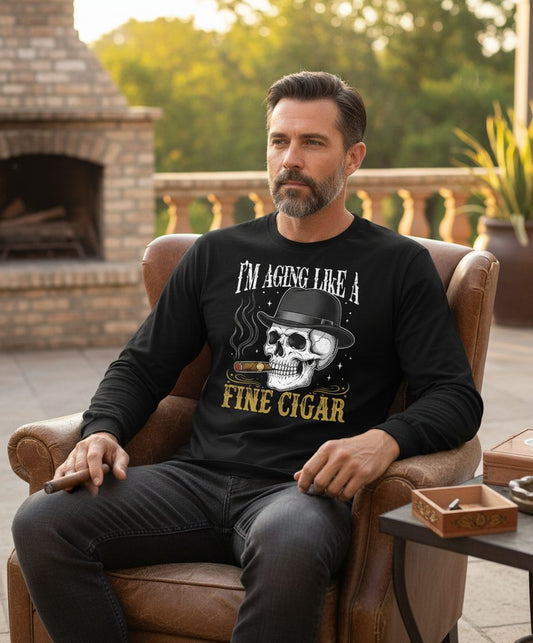I'm Aging Like a Fine Cigar smoking skull Long Sleeve Tee Black lifestyle mockup