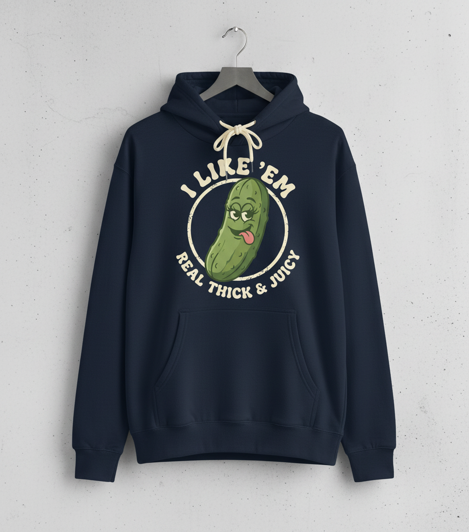 Funny Pickle 'I Like 'Em Real Thick & Juicy' Retro Design Hoodie - Navy