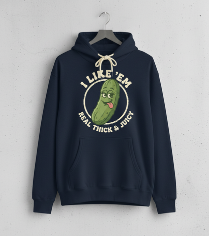 Funny Pickle 'I Like 'Em Real Thick & Juicy' Retro Design Hoodie - Navy