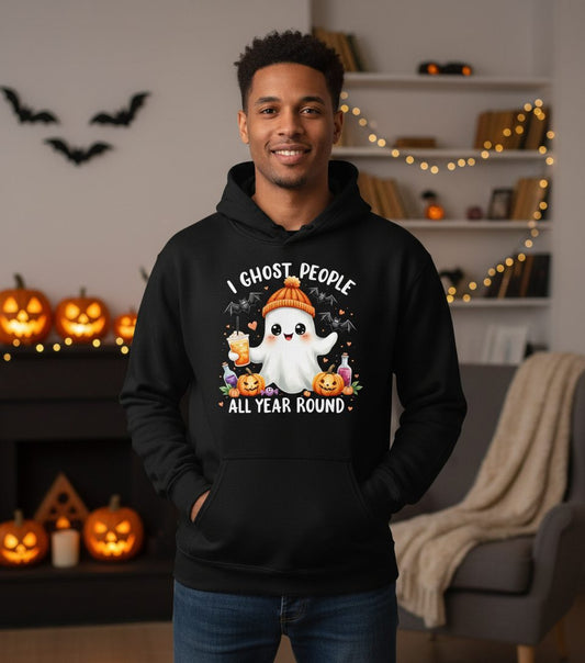 I Ghost People All Year Round cute ghost Hoodie Black lifestyle mockup