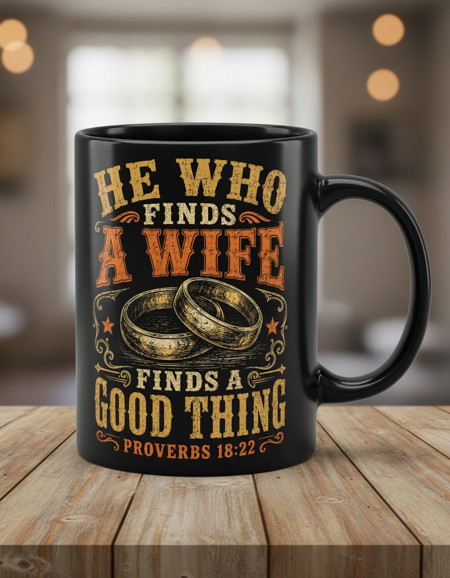He Who Finds a Wife Finds a Good Thing Proverbs 18 22 Black Mug - product mockup - Black