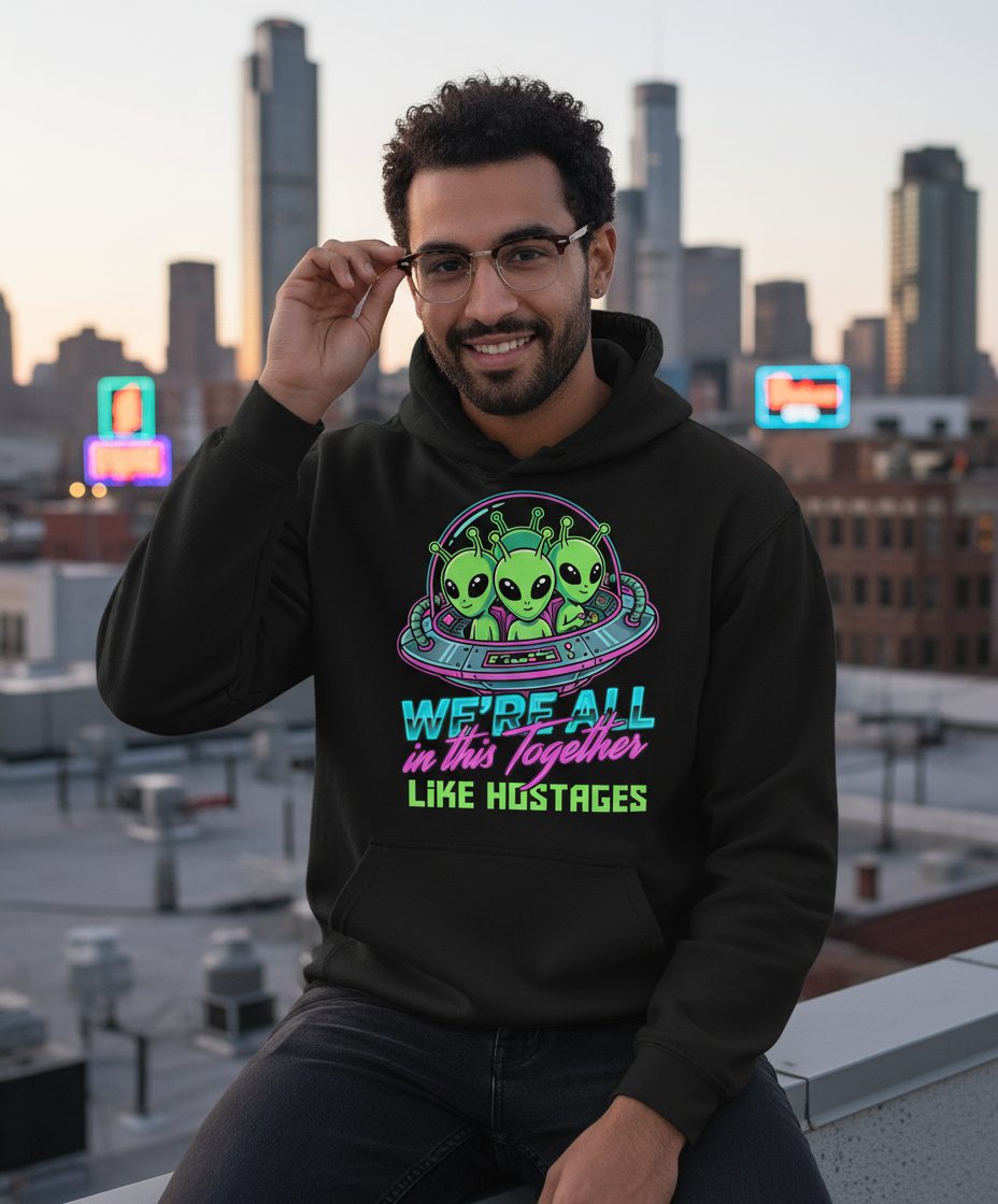 WE'RE ALL in this Together LIKE HOSTAGES Aliens Hoodie Black lifestyle mockup