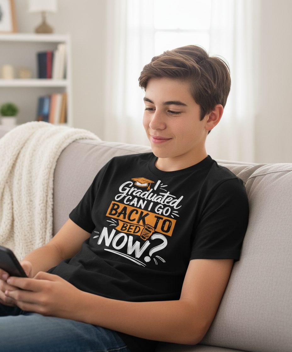 I Graduated Can I Go Back to Bed Now Funny Graduation Youth T-Shirt - lifestyle model mockup - Black