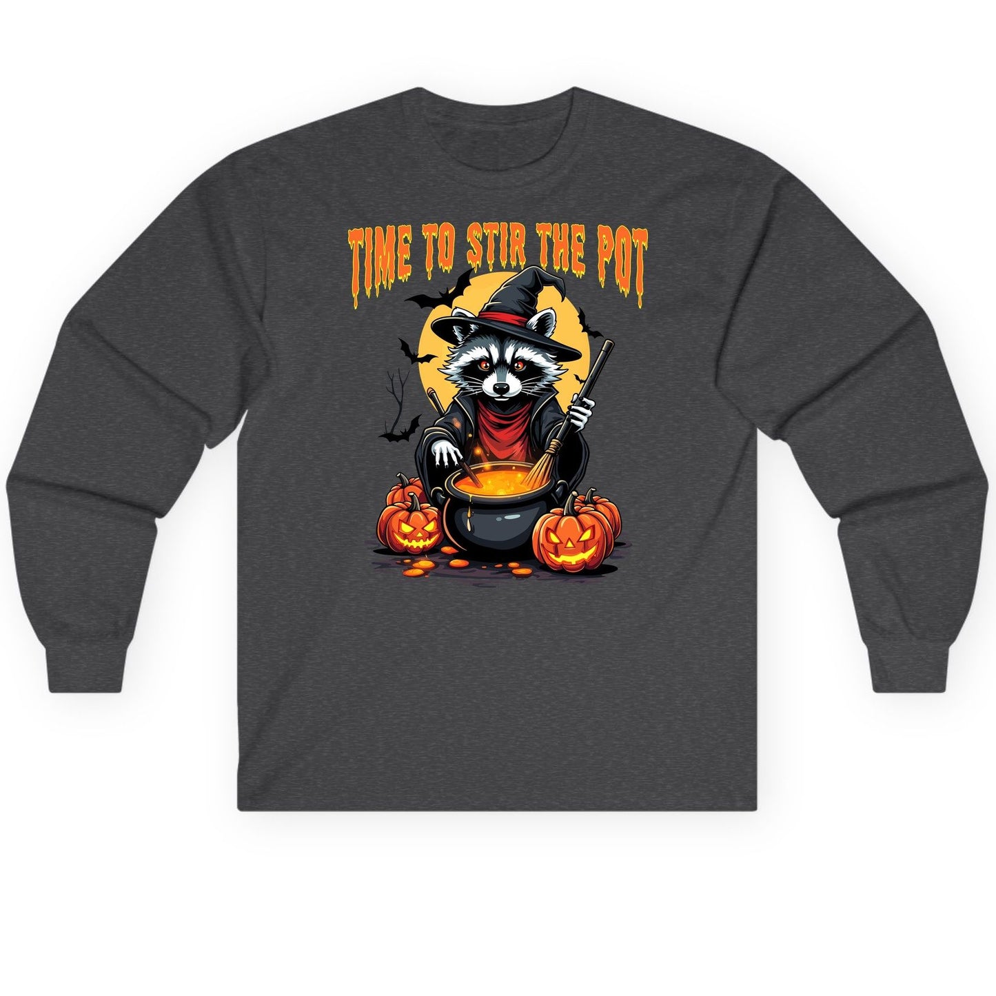 Time to Stir the Pot Halloween raccoon Long Sleeve Tee Dark Heather product mockup