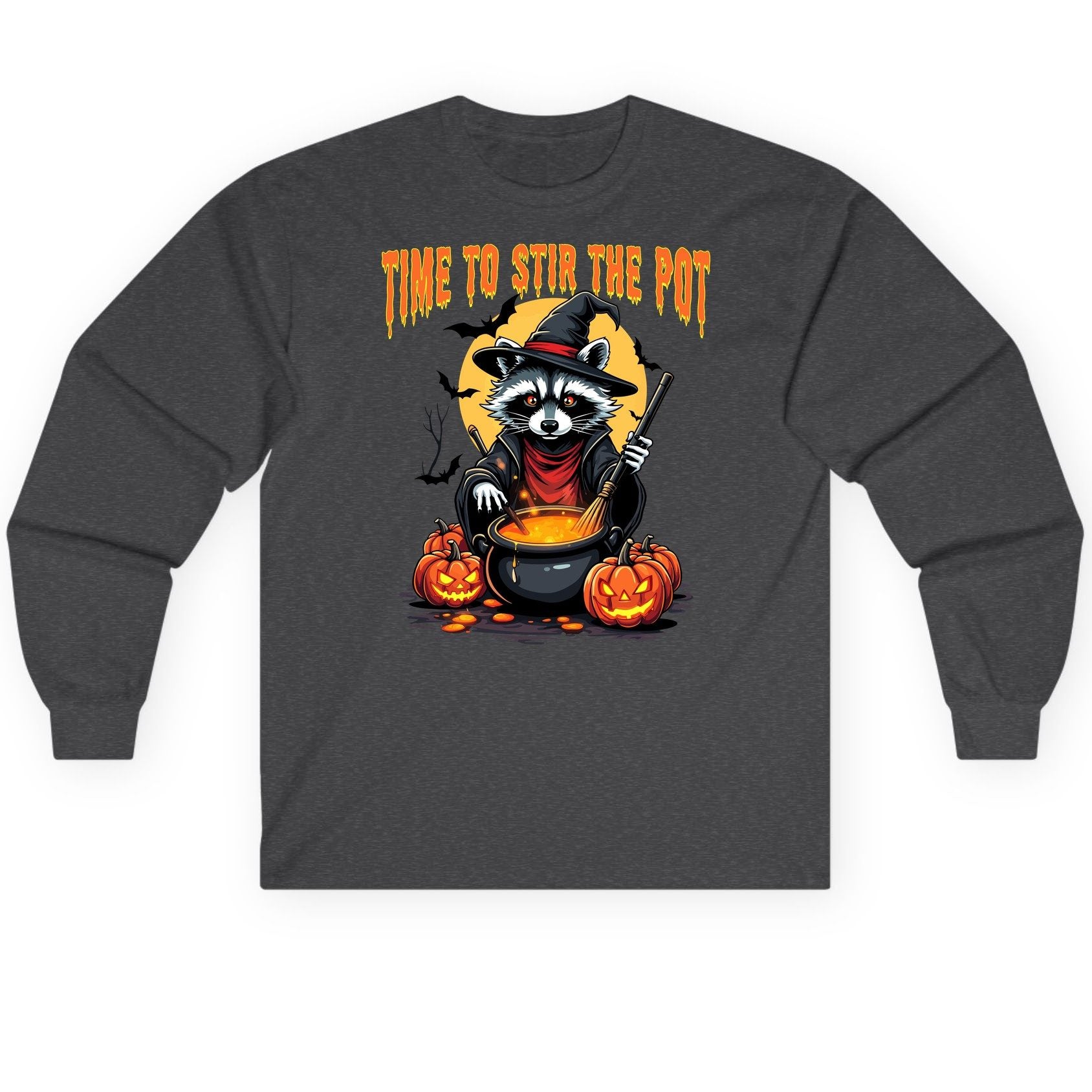 Time to Stir the Pot Halloween raccoon Long Sleeve Tee Dark Heather product mockup