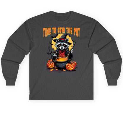 Time to Stir the Pot Halloween raccoon Long Sleeve Tee Dark Heather product mockup