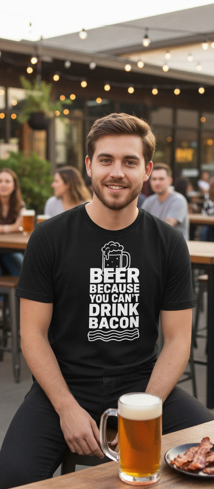 You Can't Drink Bacon Beer Funny Lovers T-Shirt - lifestyle model mockup - Black