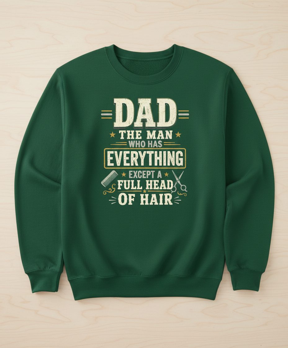 Dad the Man Who Has Everything Except a Full Head of Hair Funny Sweatshirt - product mockup - Forest Green