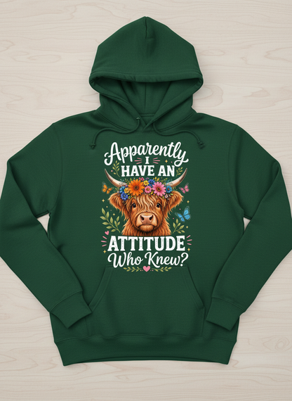 Apparently I Have An Attitude Highland Cow Floral Crown Hoodie - Forest Green