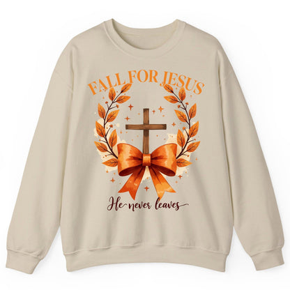 Fall for Jesus He Never Leaves christian faith Sweatshirt Sand product mockup