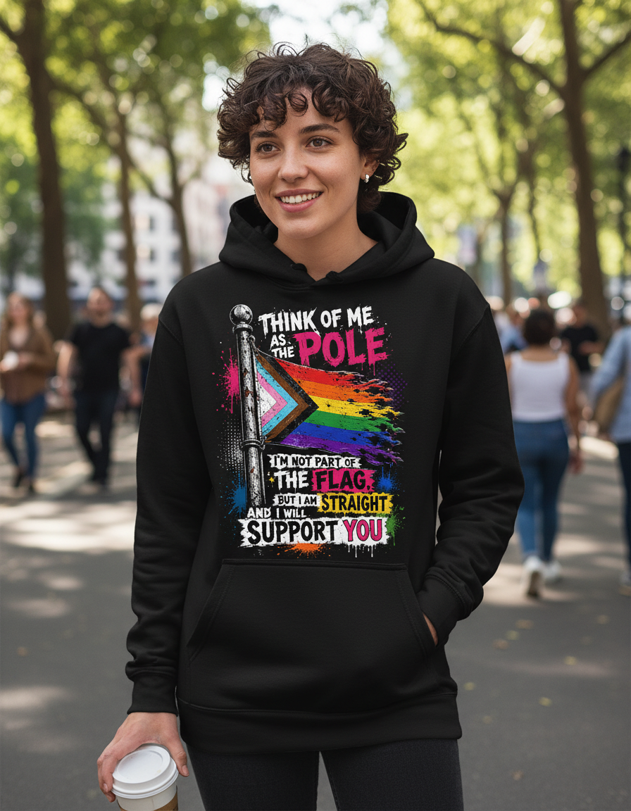 Straight Ally LGBTQ+ Support Pole and Flag Hoodie - Black