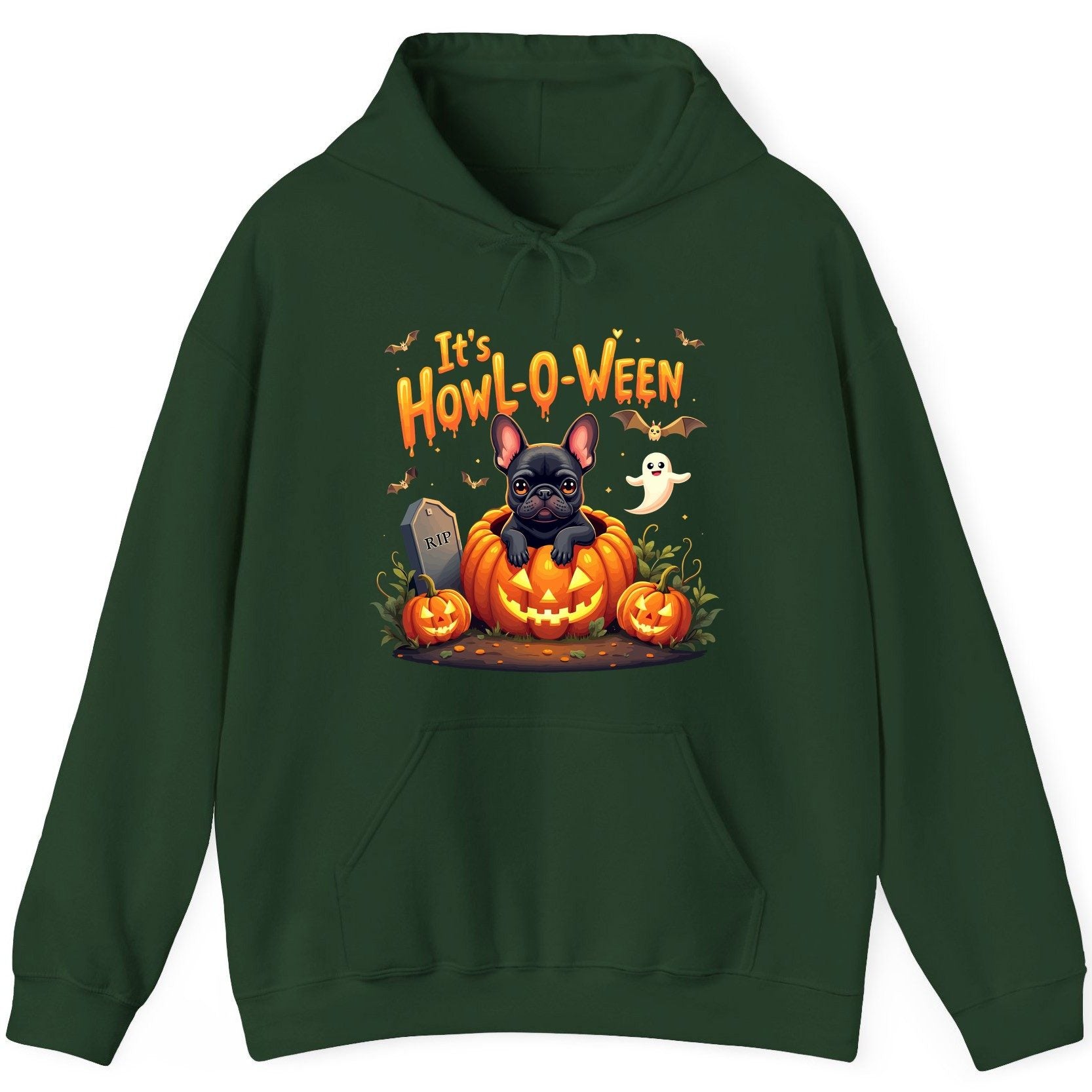 It's Howl-O-Ween french bulldog Hoodie Forest Green product mockup