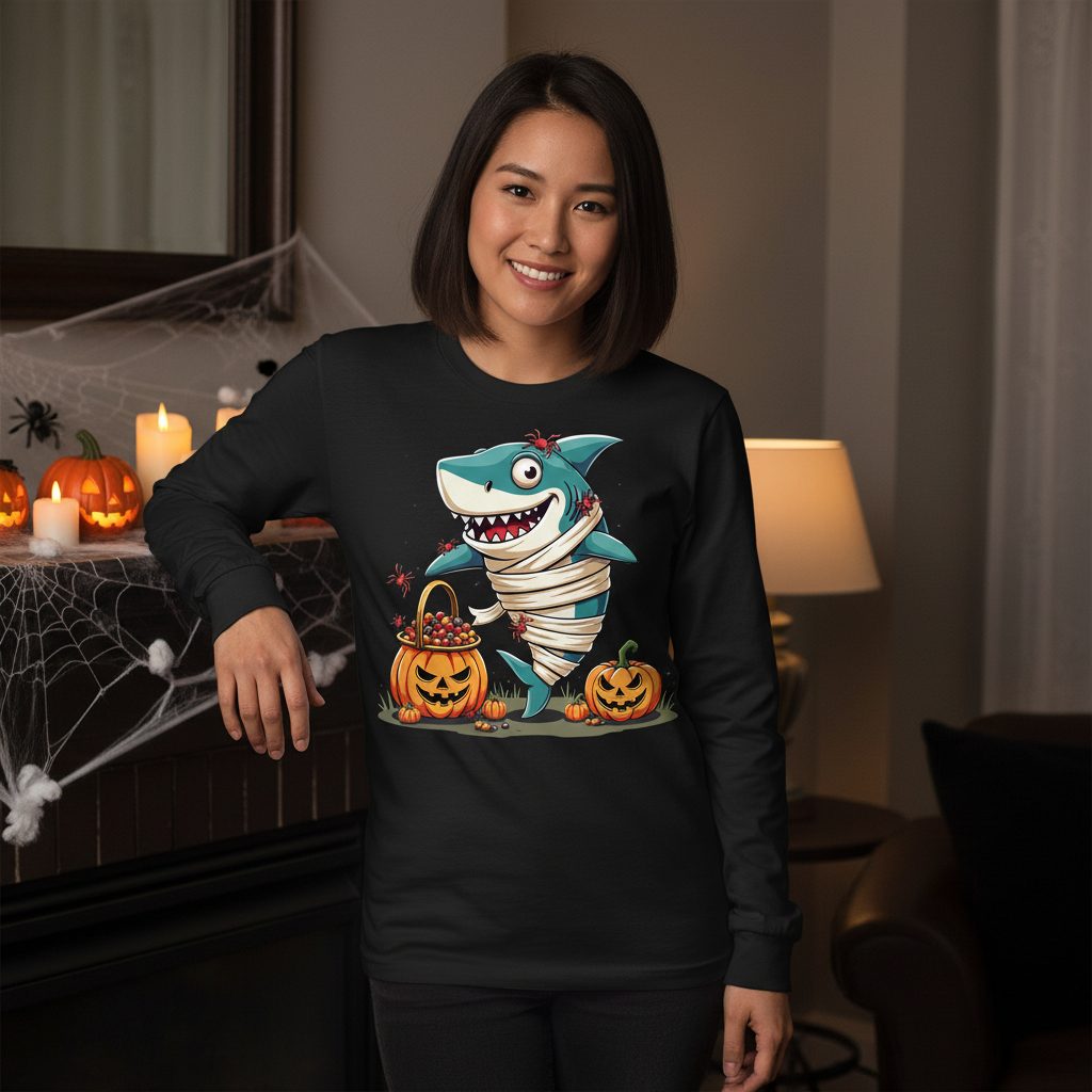 Mummy Shark Halloween shark Long Sleeve Tee Black lifestyle mockup
