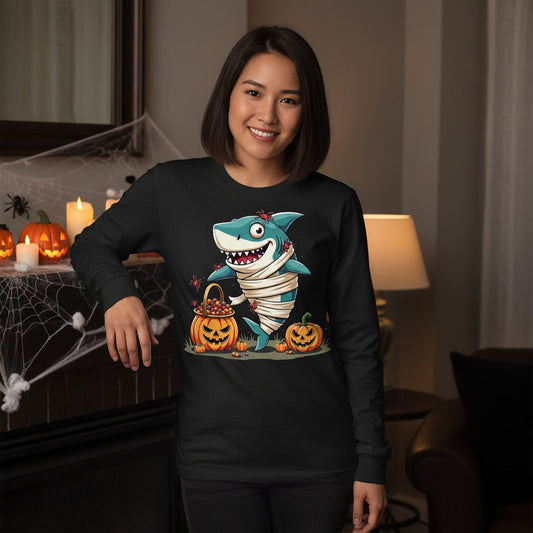 Mummy Shark Halloween shark Long Sleeve Tee Black lifestyle mockup