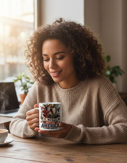 St Michael Defend America Vintage Patriotic Christian White Mug - lifestyle model mockup - White