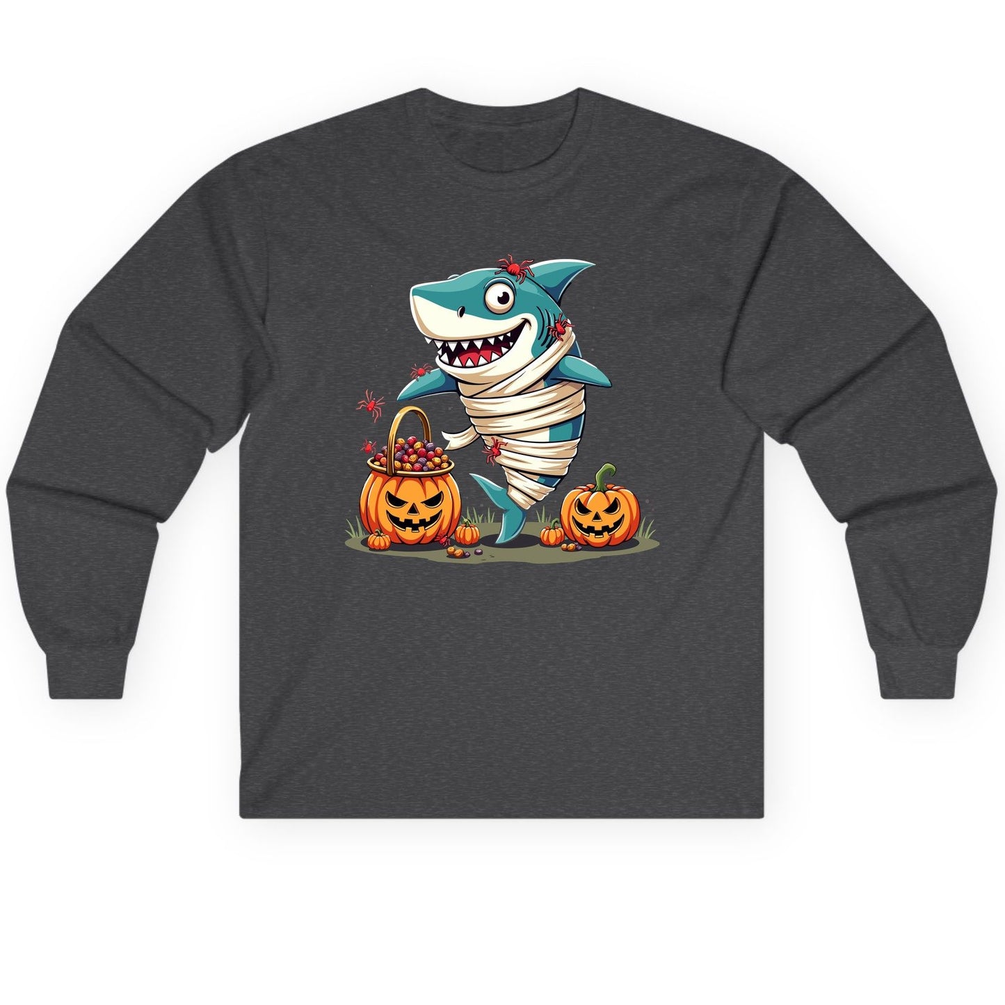 Mummy Shark Halloween shark Long Sleeve Tee Dark Heather product mockup