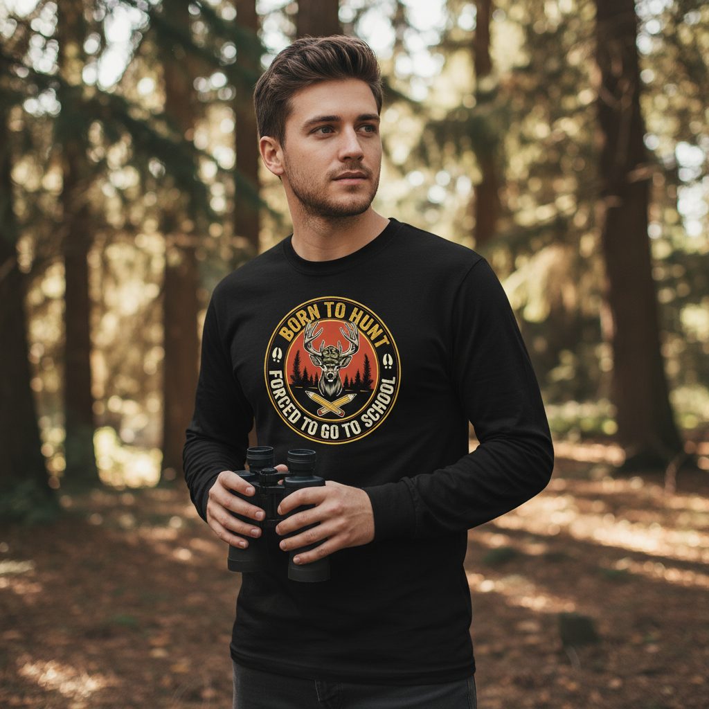 Born to Hunt Forced to Go to School hunting Long Sleeve Tee Black lifestyle mockup