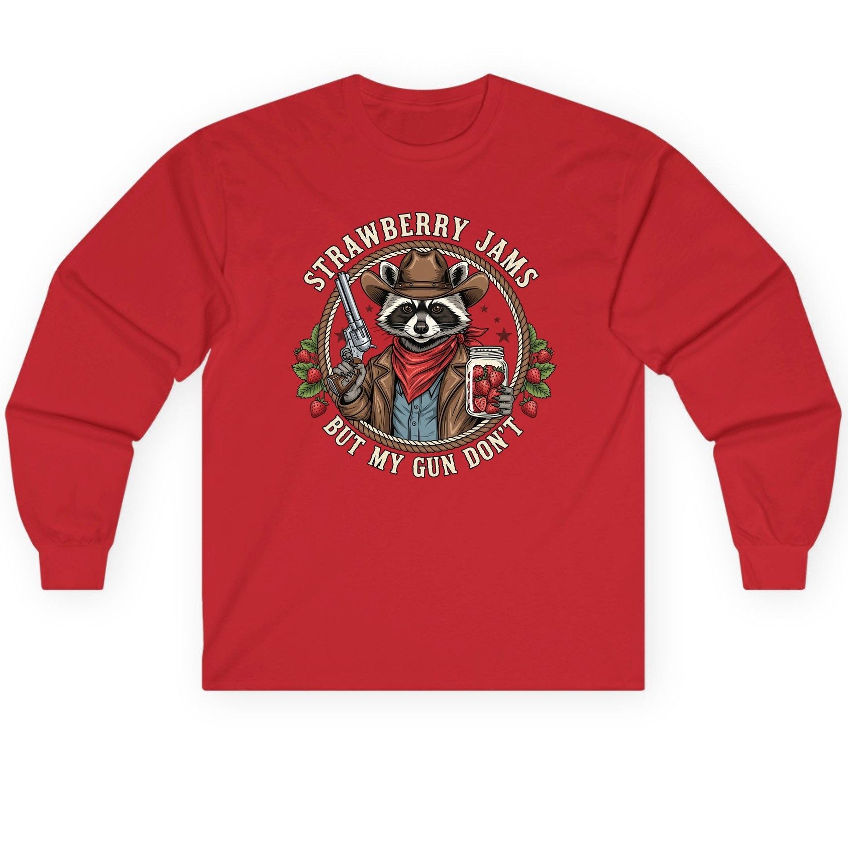 Strawberry Jams but My Gun Don't cowboy raccoon Long Sleeve Tee Red product mockup