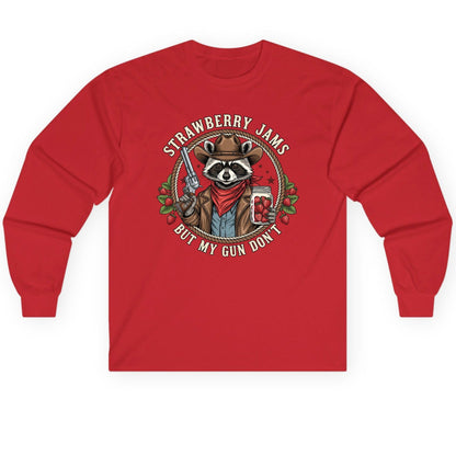 Strawberry Jams but My Gun Don't cowboy raccoon Long Sleeve Tee Red product mockup