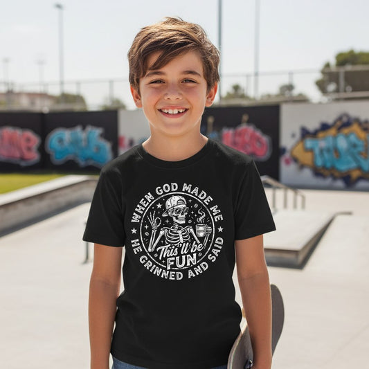 When God Made Me He Grinned and Said This'll Be FUN Youth T-Shirt - lifestyle model mockup - Black