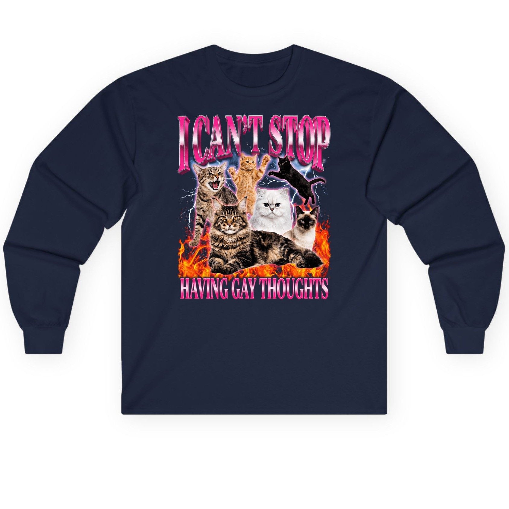 I Can't Stop Having Gay Thoughts cats Long Sleeve Tee Navy product mockup