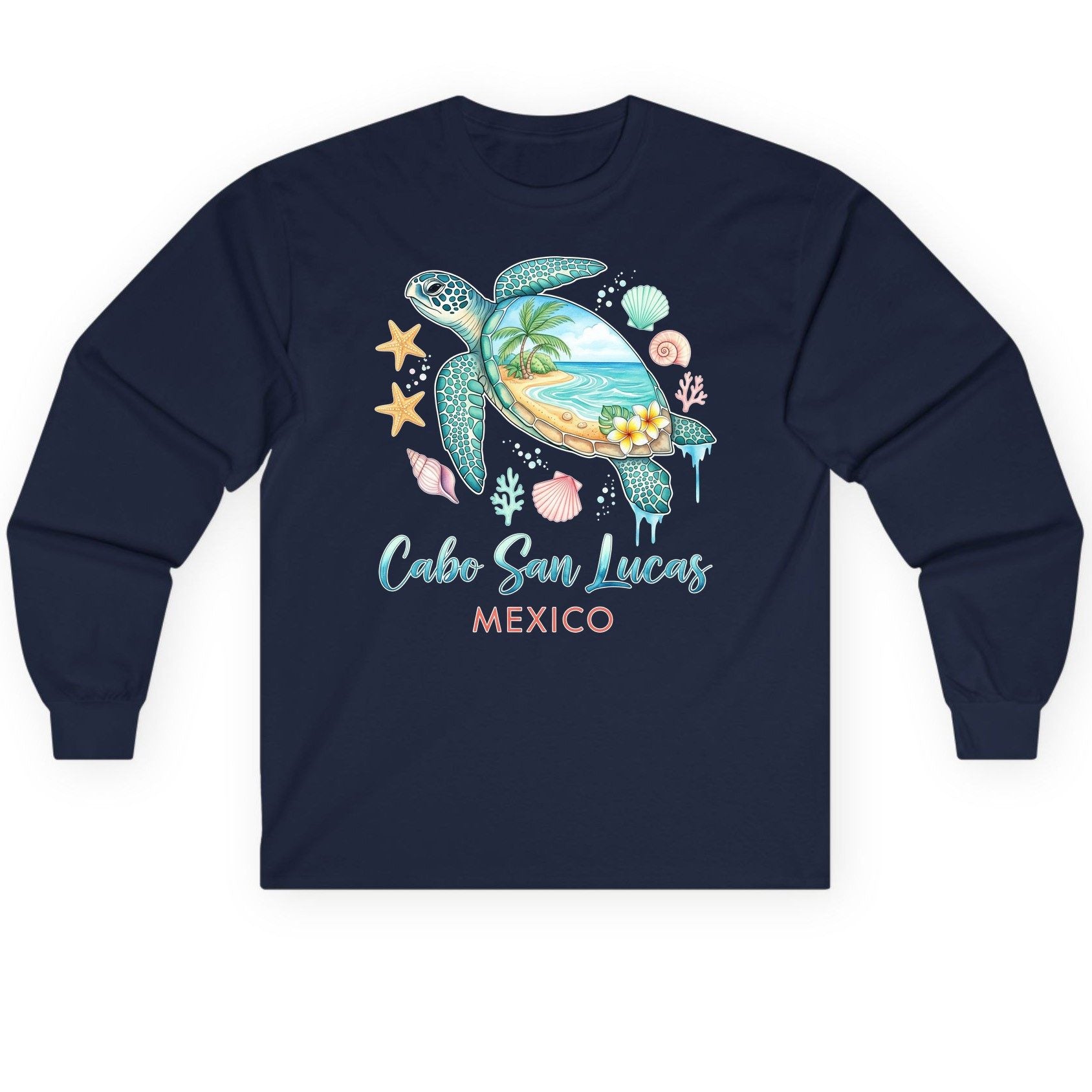Cabo San Lucas Mexico sea turtle Long Sleeve Tee Navy product mockup