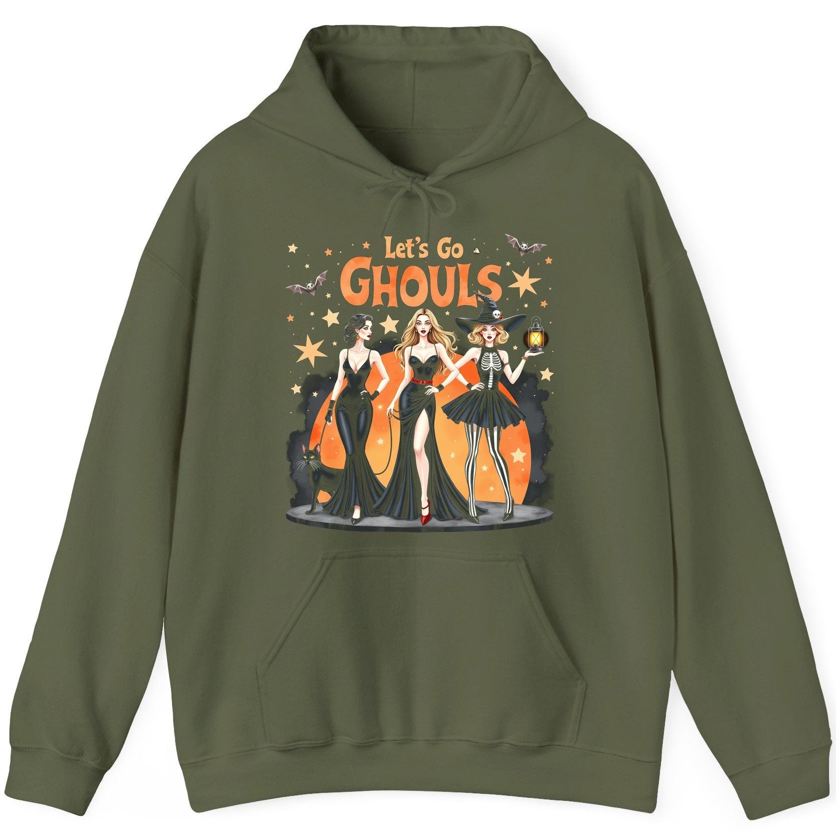 Let's Go Ghouls Halloween women Hoodie Military Green product mockup