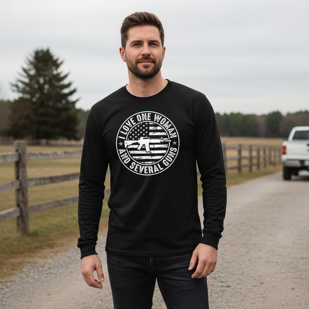I LOVE ONE WOMAN AND Several GUNS Funny Gun Owners Long Sleeve Tee - lifestyle model mockup - Black