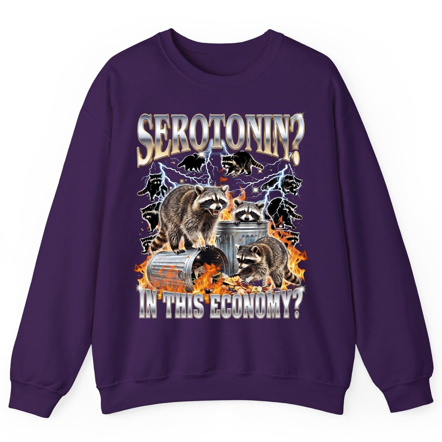 Serotonin in This Economy? raccoons Sweatshirt Purple product mockup