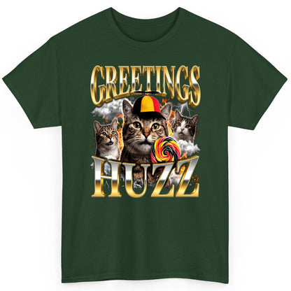Greetings HUZZ Funny Cats T-Shirt - product mockup - Forest Green