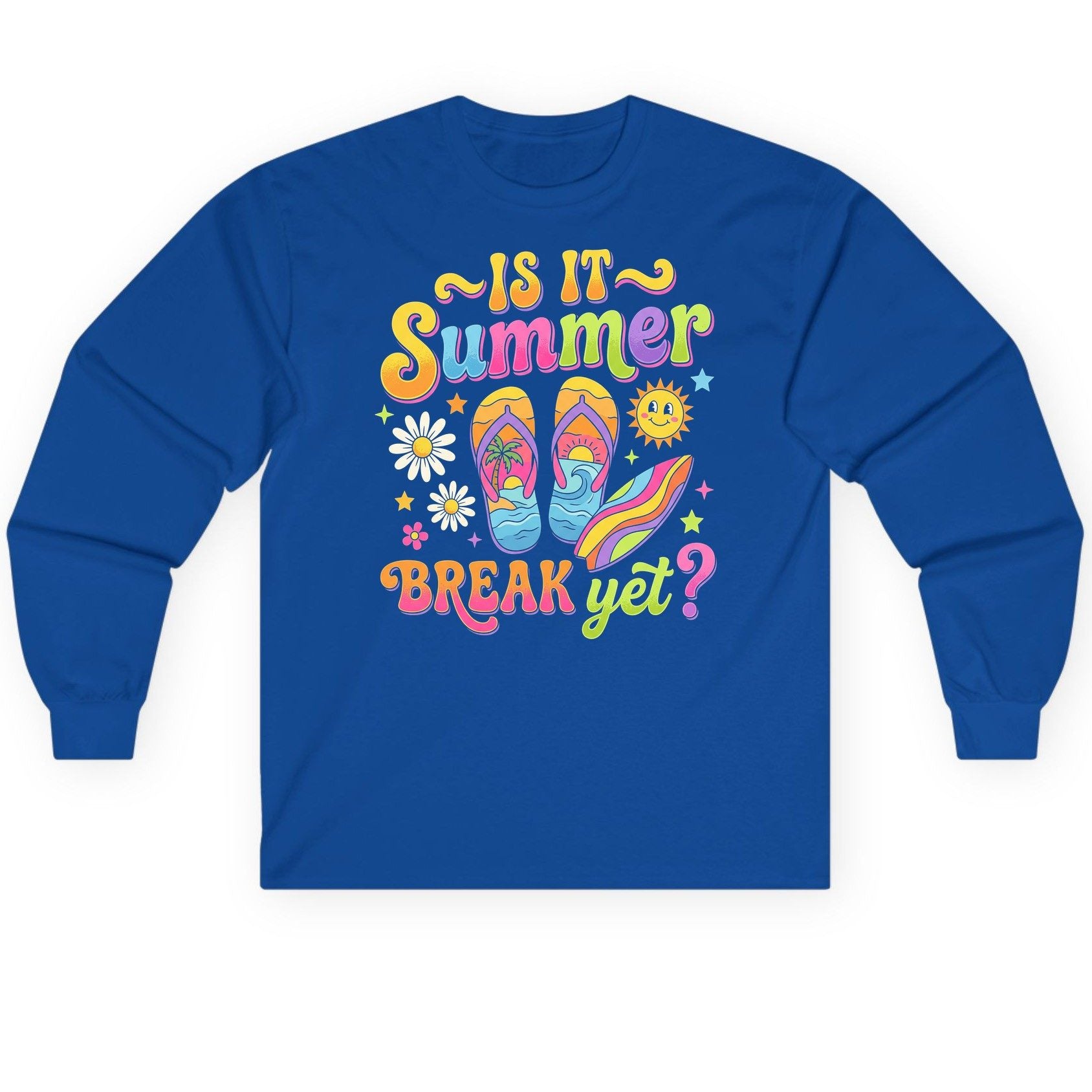 Is It Summer Break Yet Retro Vacation Long Sleeve Tee - product mockup - Royal