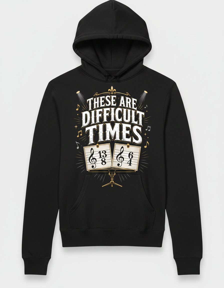 THESE ARE Difficult TIMES Funny Music Humor Hoodie - product mockup - Black