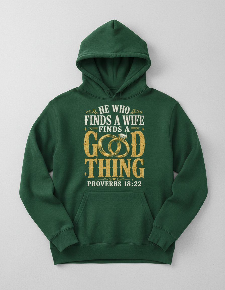 He Who Finds a Wife Finds a Good Thing Proverbs 18 22 Hoodie - product mockup - Forest Green