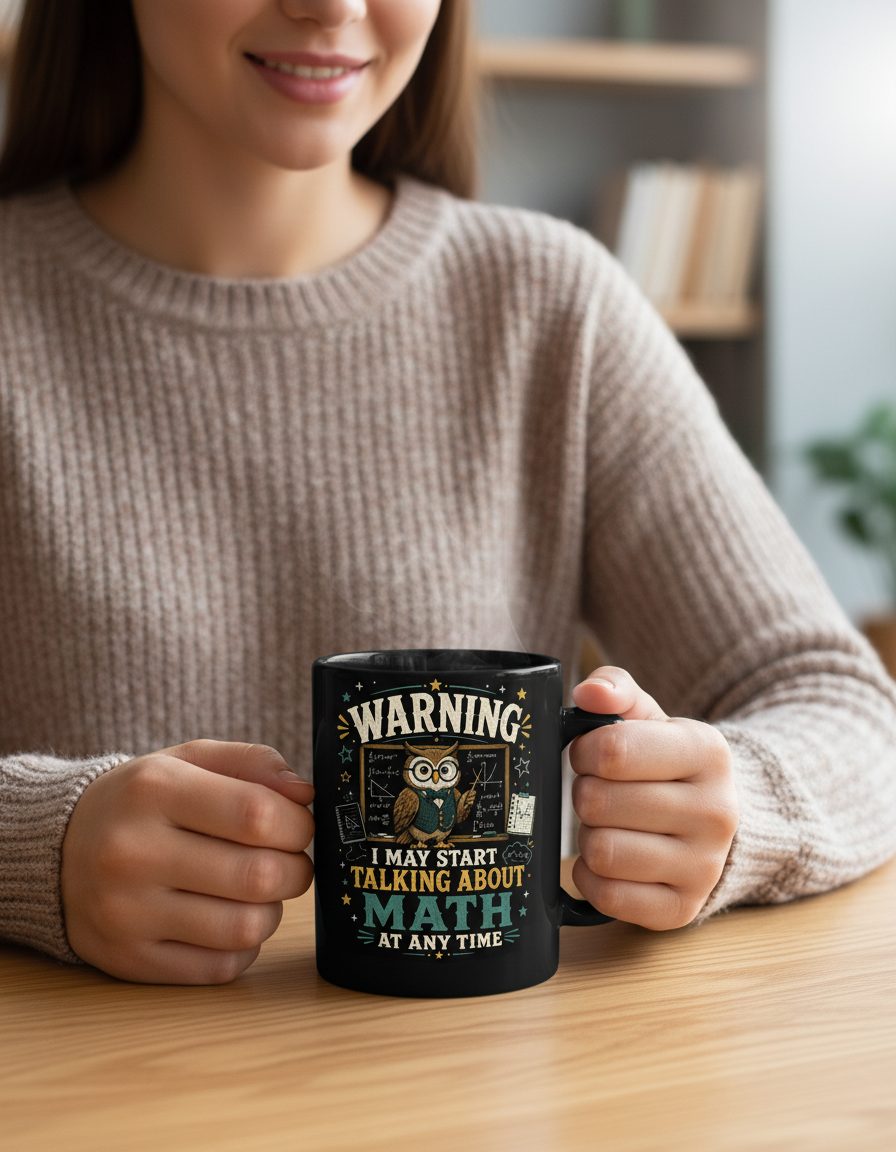 Warning I May Start Talking About Math at Any Time Funny Teachers Black Mug - lifestyle model mockup - Black