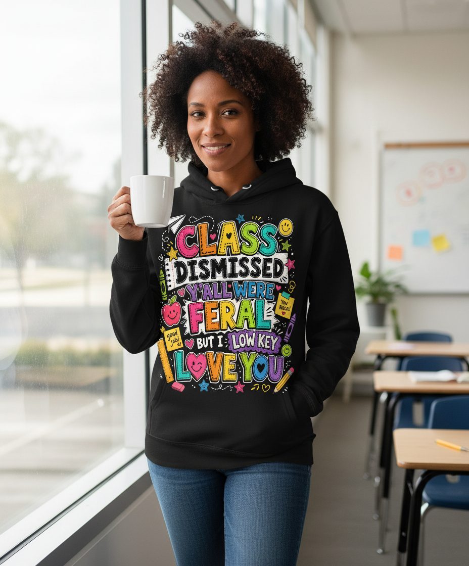 Class Dismissed Y'all Were Feral but I Low Key Love You Hoodie - lifestyle model mockup - Black