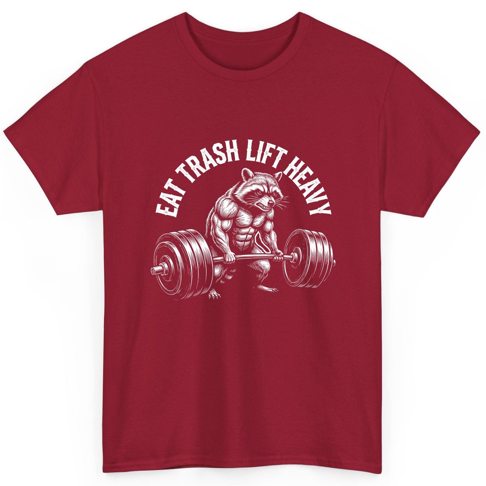 Eat Trash Lift Heavy raccoon T-Shirt Cardinal Red product mockup