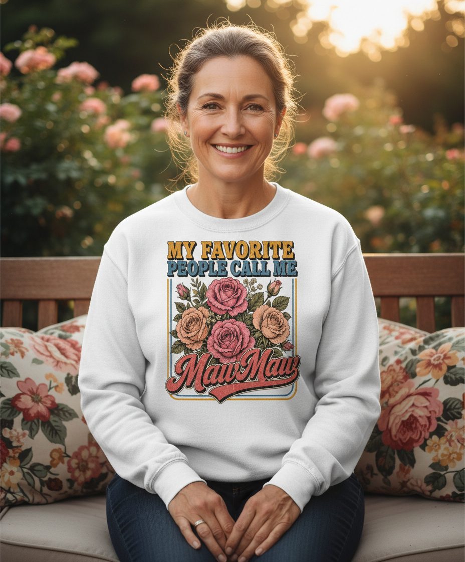 My Favorite People Call Me Maw-Maw Retro Grandma Sweatshirt - lifestyle model mockup - White