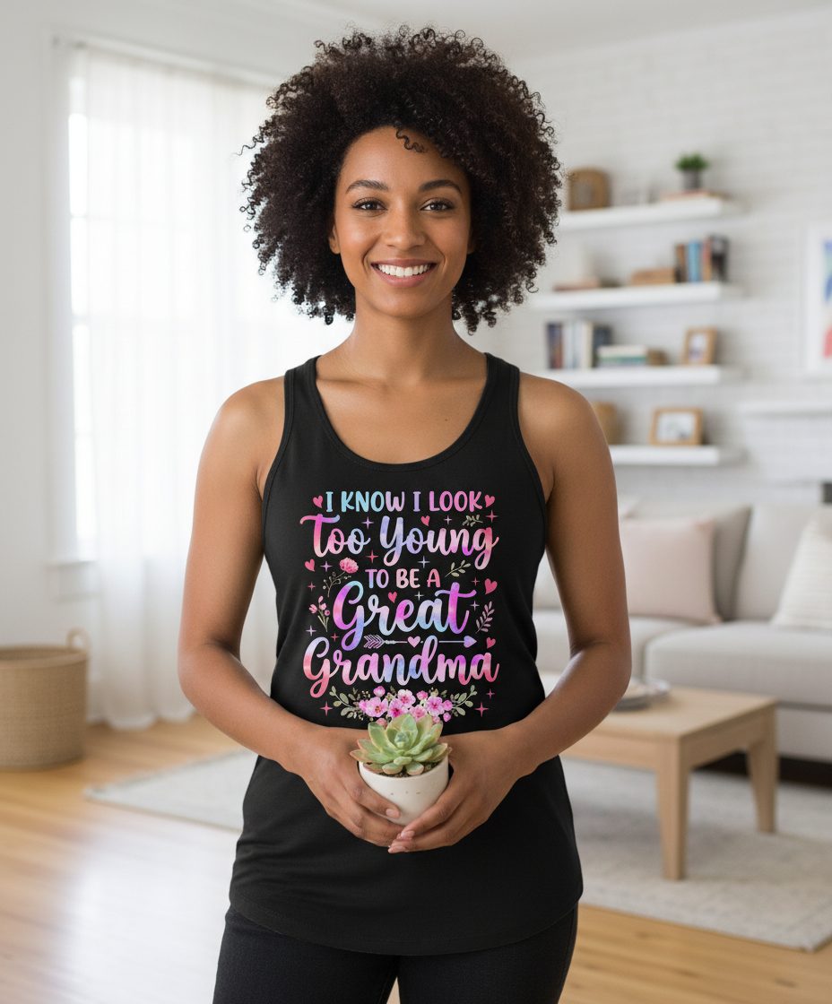 I KNOW I LOOK Too Young TO BE a Great Grandma Grandmothers Tank Top - lifestyle model mockup - Black