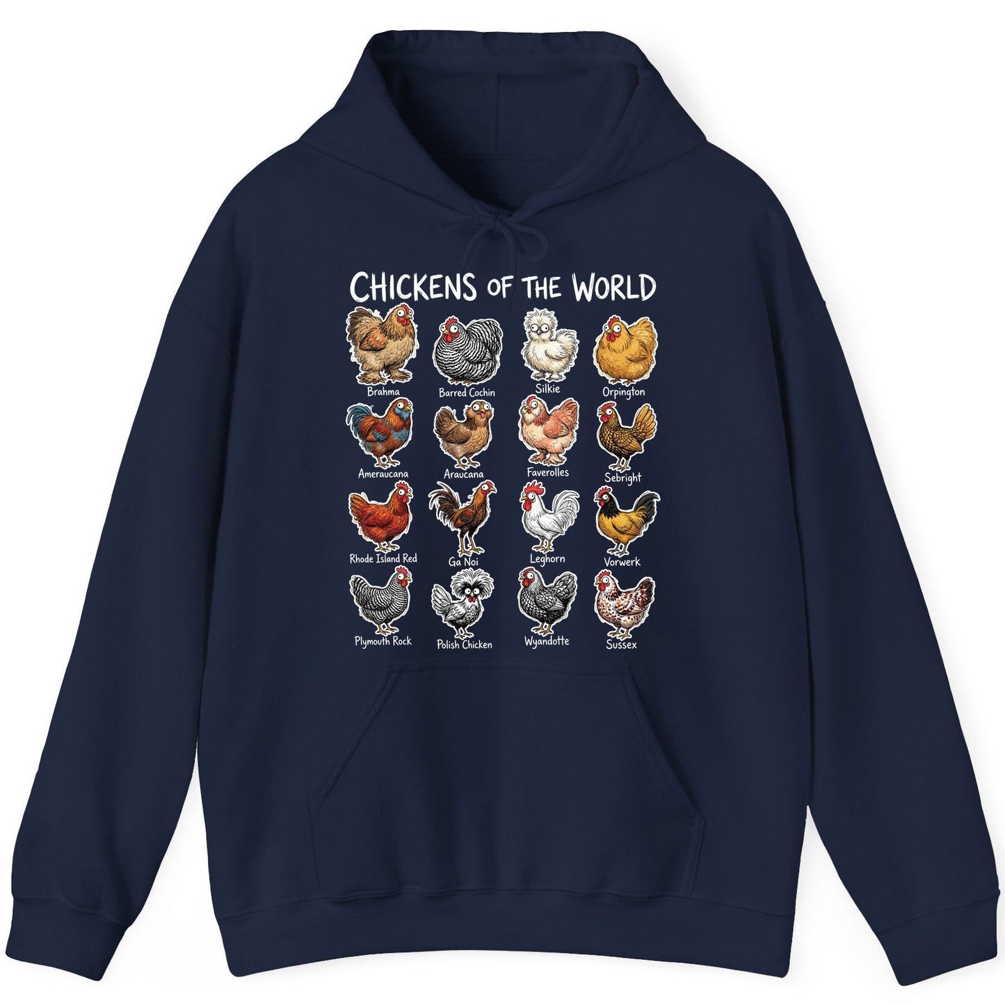 Chickens of the World chicken breeds Hoodie Navy product mockup